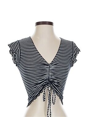 Striped Tie-Front Ruched V-Neck Crop Top - Black & White